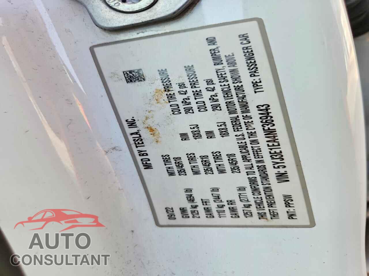 TESLA MODEL 3 2022 - 5YJ3E1EA4NF369443
