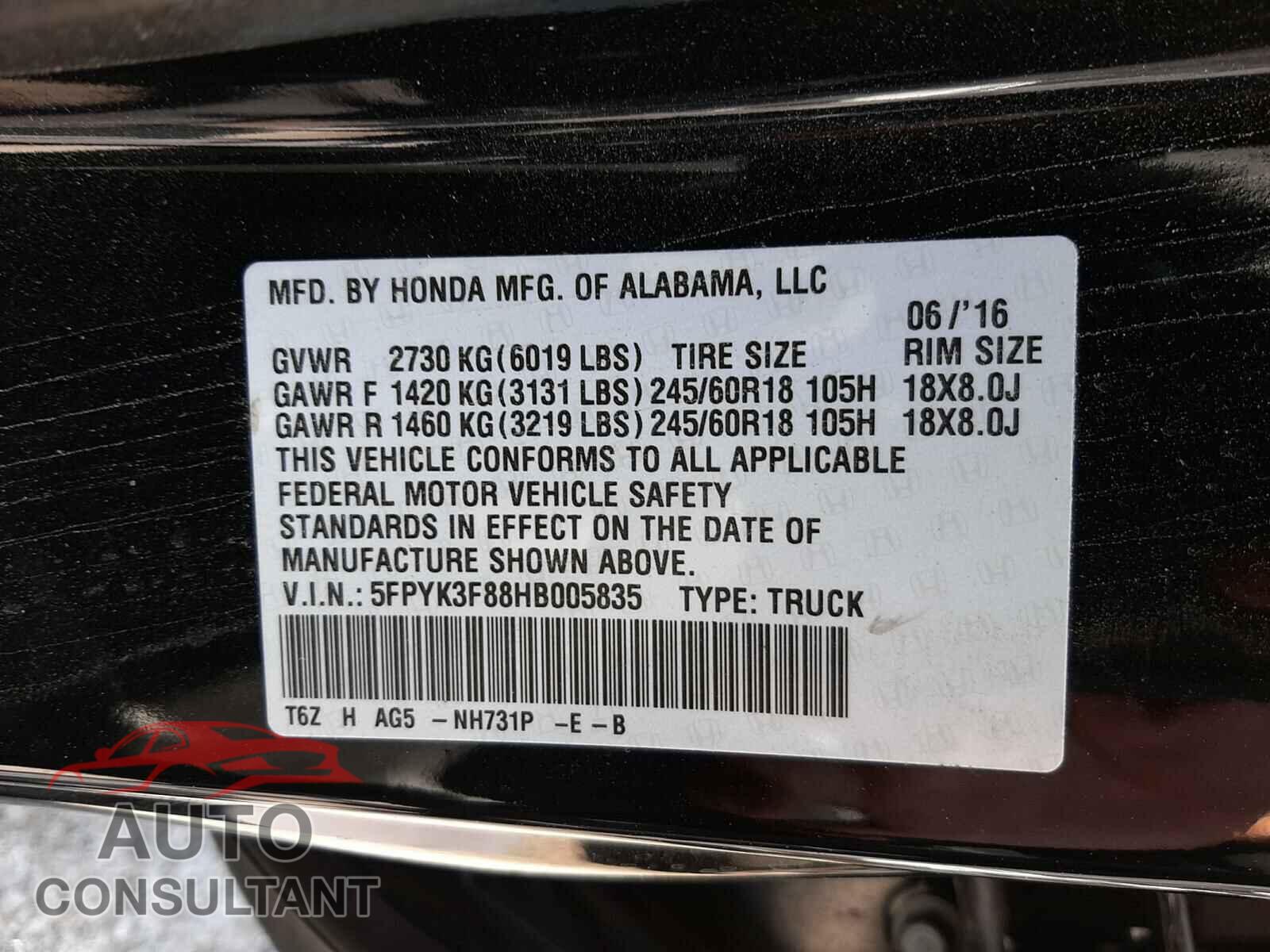 HONDA RIDGELINE 2017 - 5FPYK3F88HB005835