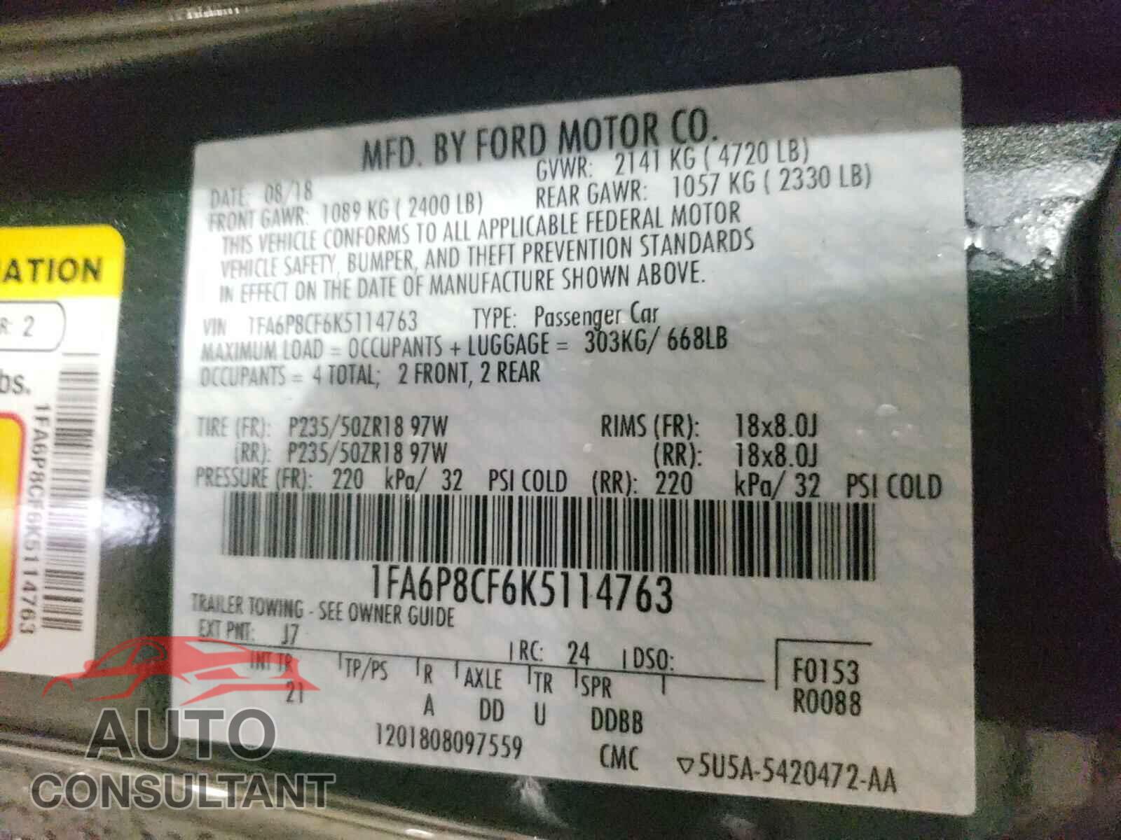 FORD MUSTANG 2019 - 1FA6P8CF6K5114763