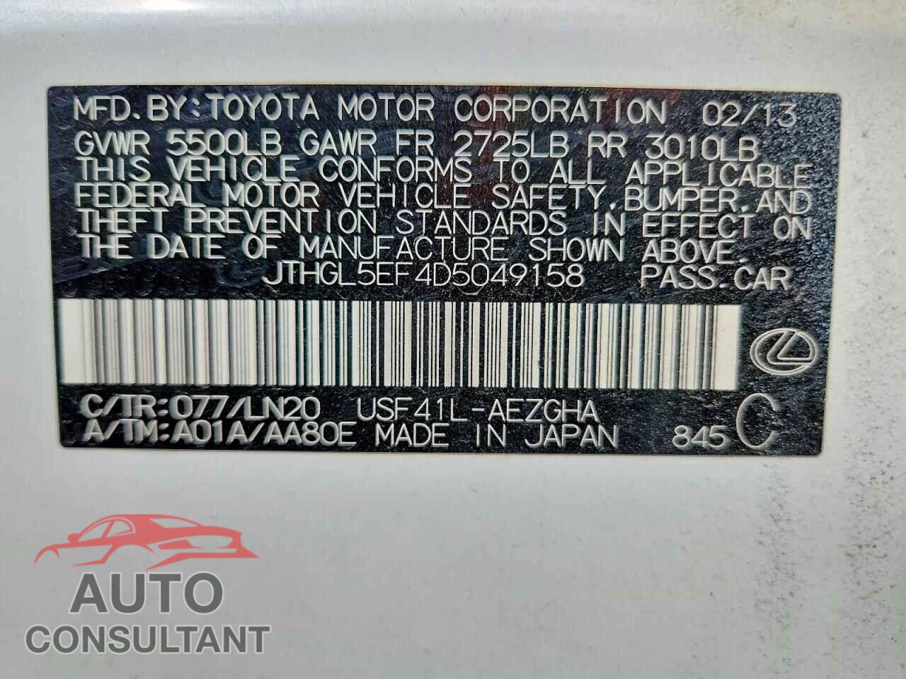LEXUS LS500 2013 - JTHGL5EF4D5049158