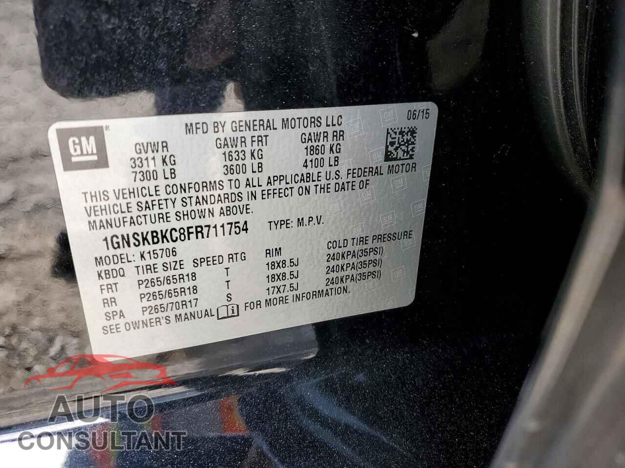CHEVROLET TAHOE 2015 - 1GNSKBKC8FR711754