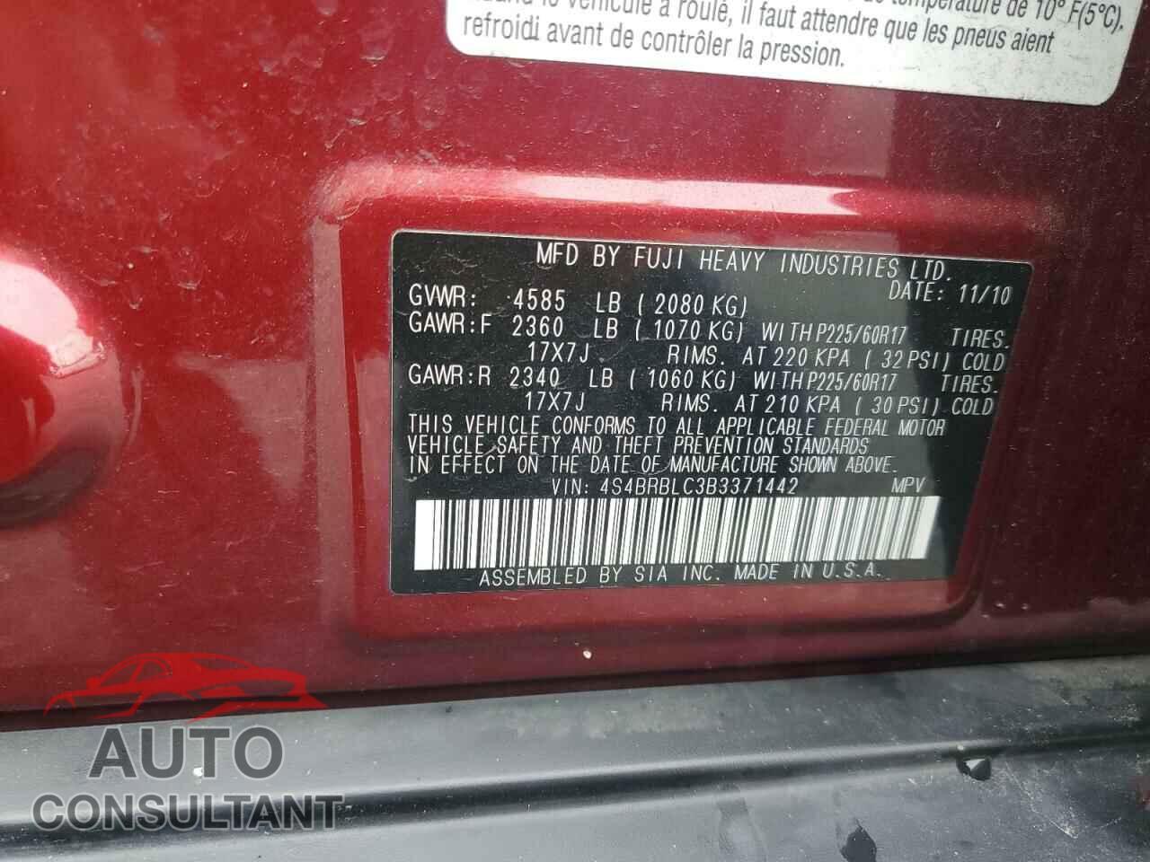 SUBARU OUTBACK 2011 - 4S4BRBLC3B3371442