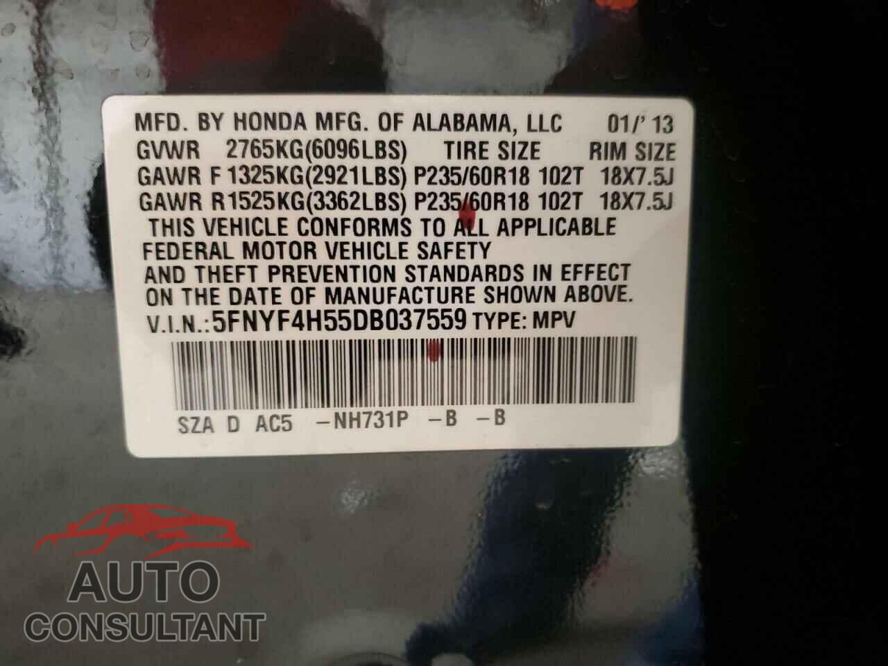 HONDA PILOT 2013 - 5FNYF4H55DB037559