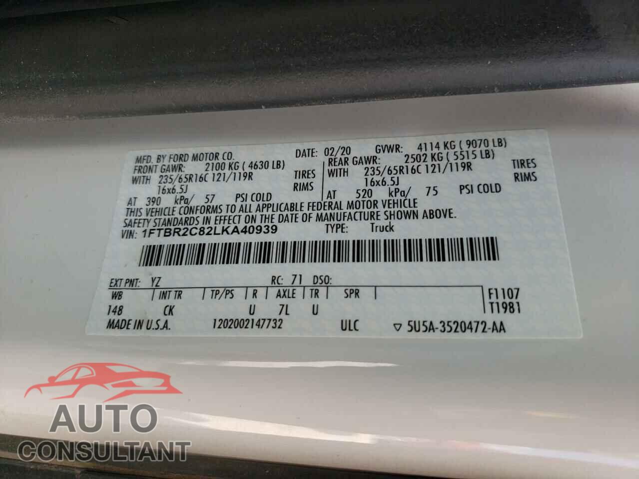 FORD TRANSIT CO 2020 - 1FTBR2C82LKA40939