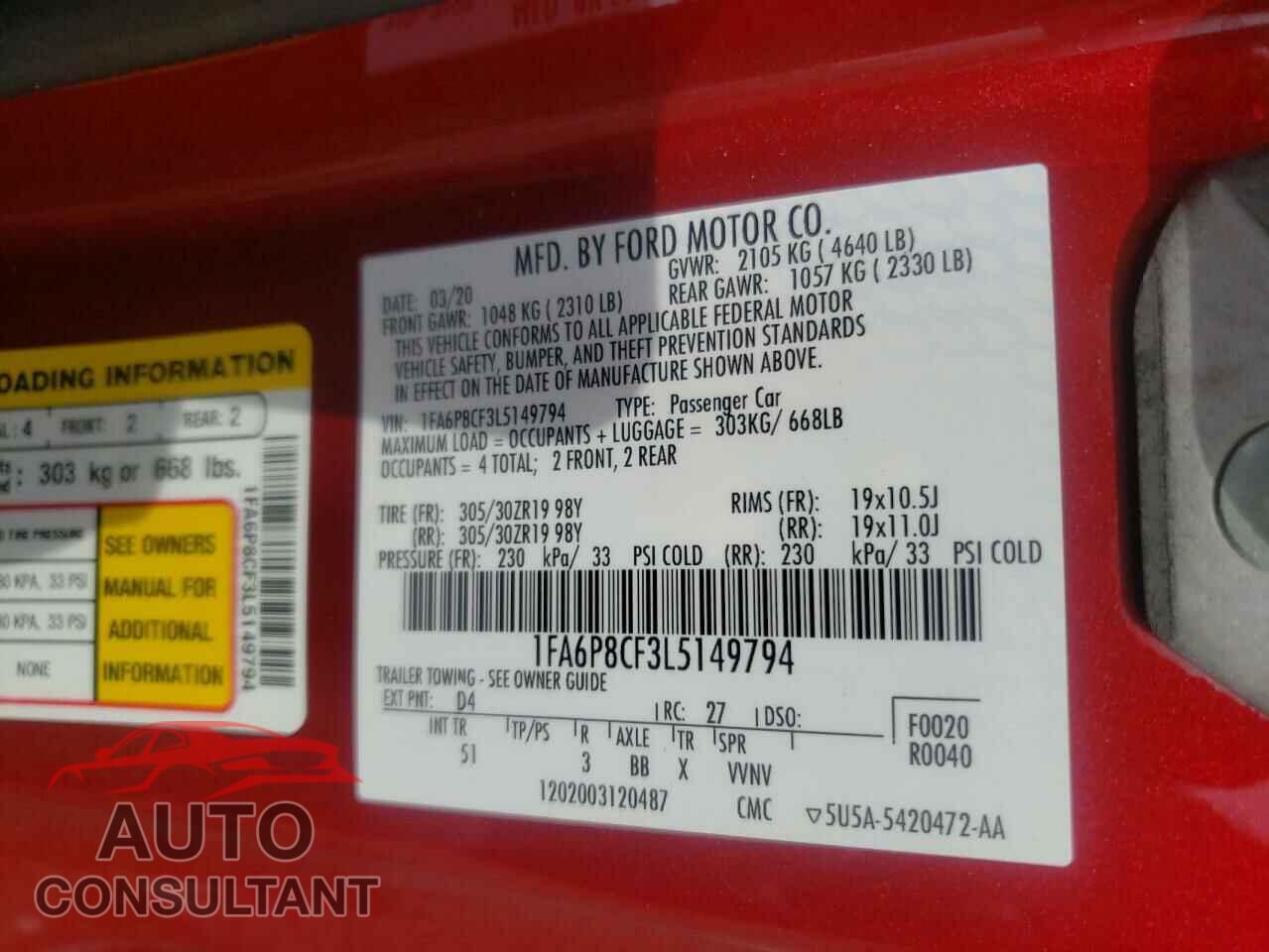 FORD MUSTANG 2020 - 1FA6P8CF3L5149794
