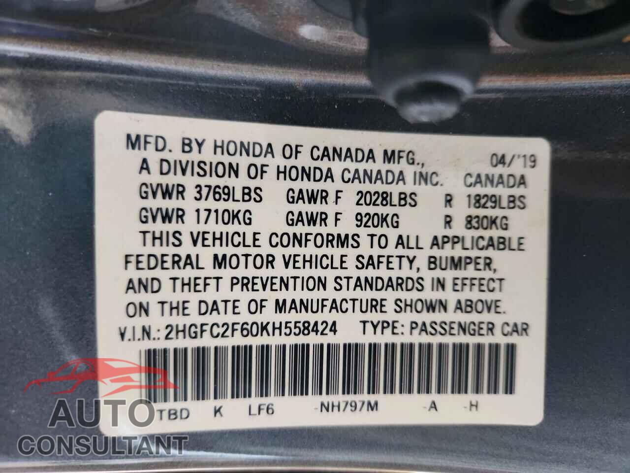 HONDA CIVIC 2019 - 2HGFC2F60KH558424