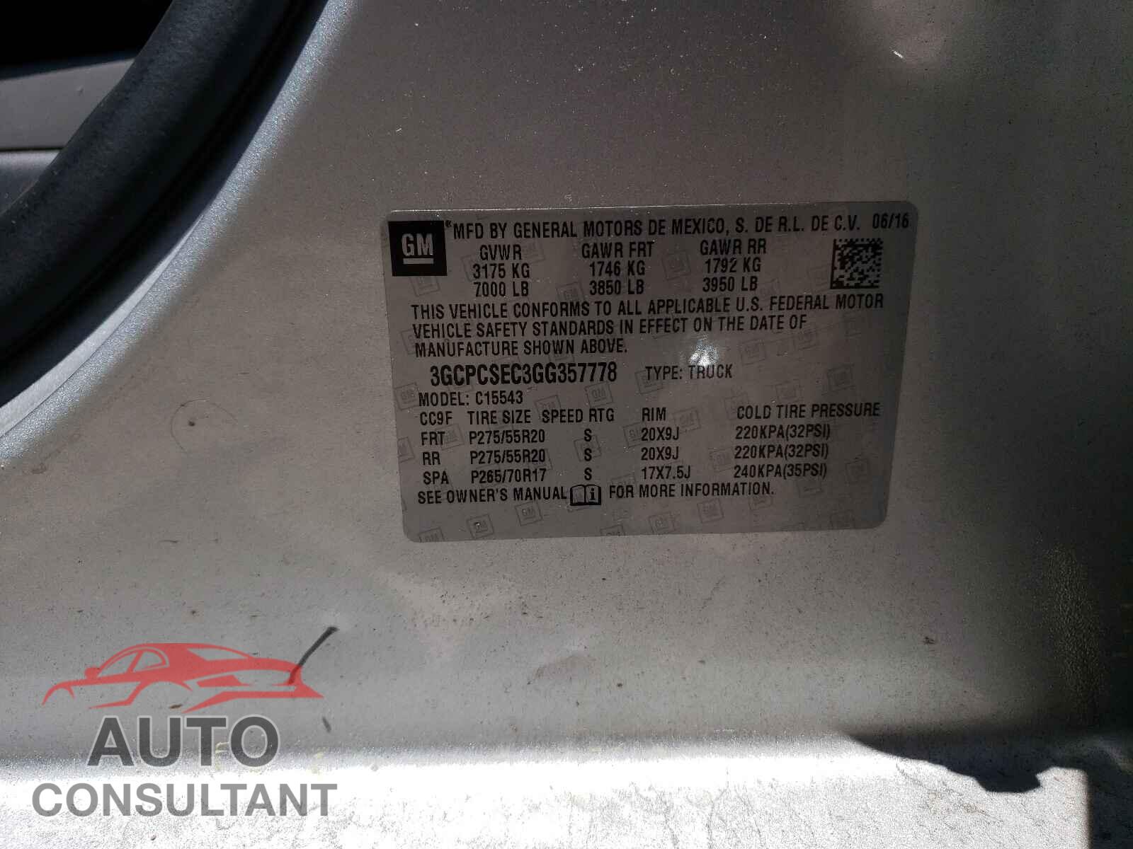 CHEVROLET SILVERADO 2016 - 3GCPCSEC3GG357778