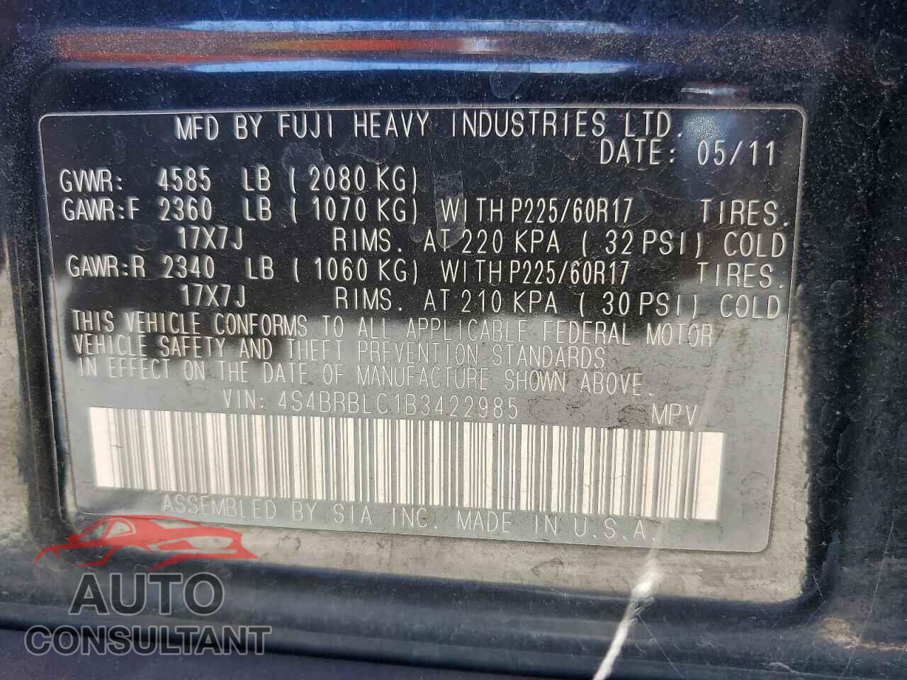 SUBARU OUTBACK 2011 - 4S4BRBLC1B3422985