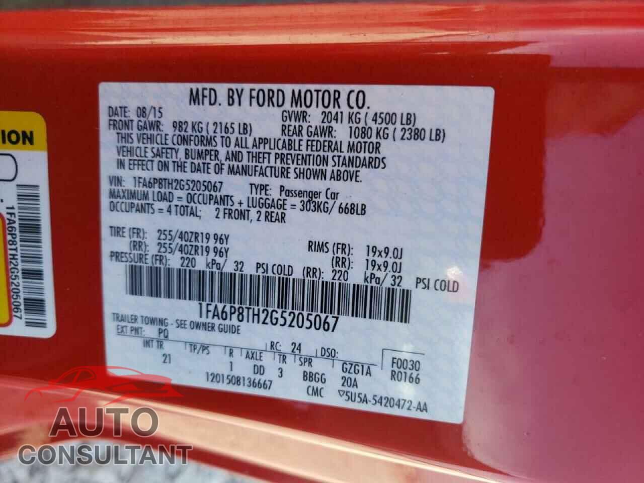FORD MUSTANG 2016 - 1FA6P8TH2G5205067