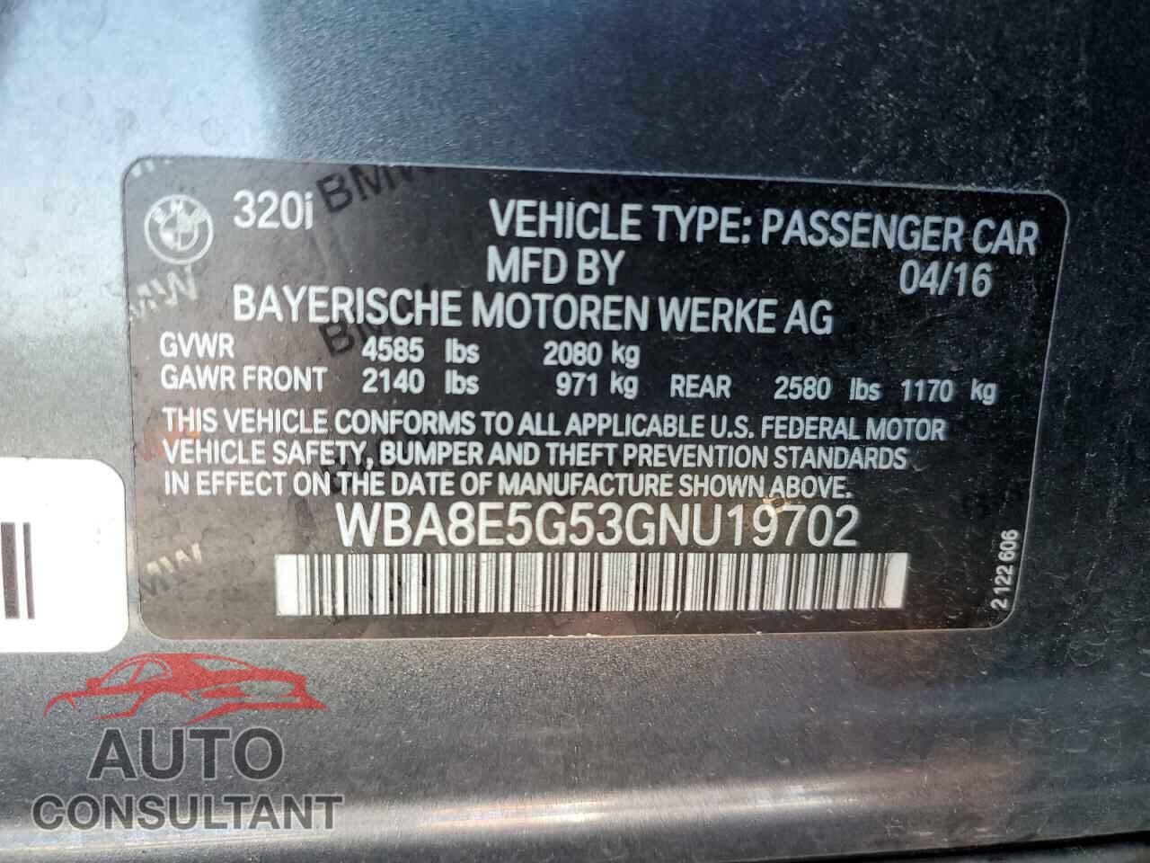 BMW 3 SERIES 2016 - WBA8E5G53GNU19702