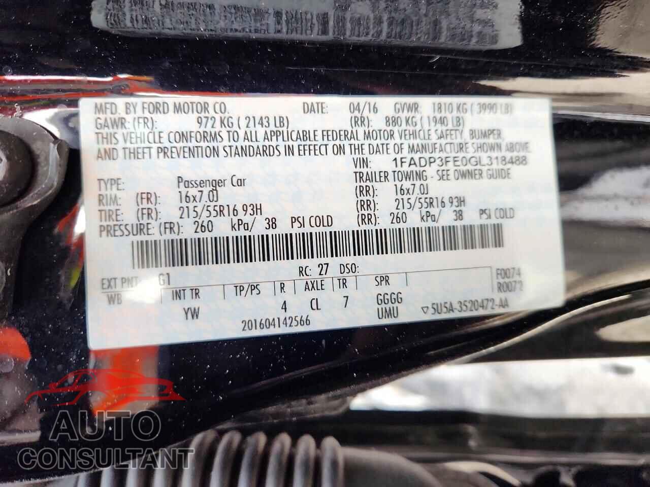 FORD FOCUS 2016 - 1FADP3FE0GL318488