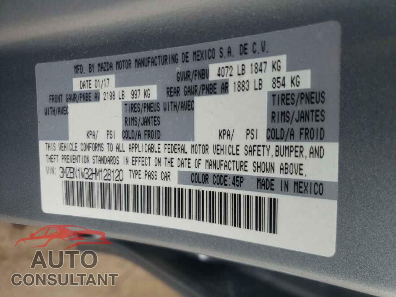 MAZDA 3 2017 - 3MZBN1W32HM128120