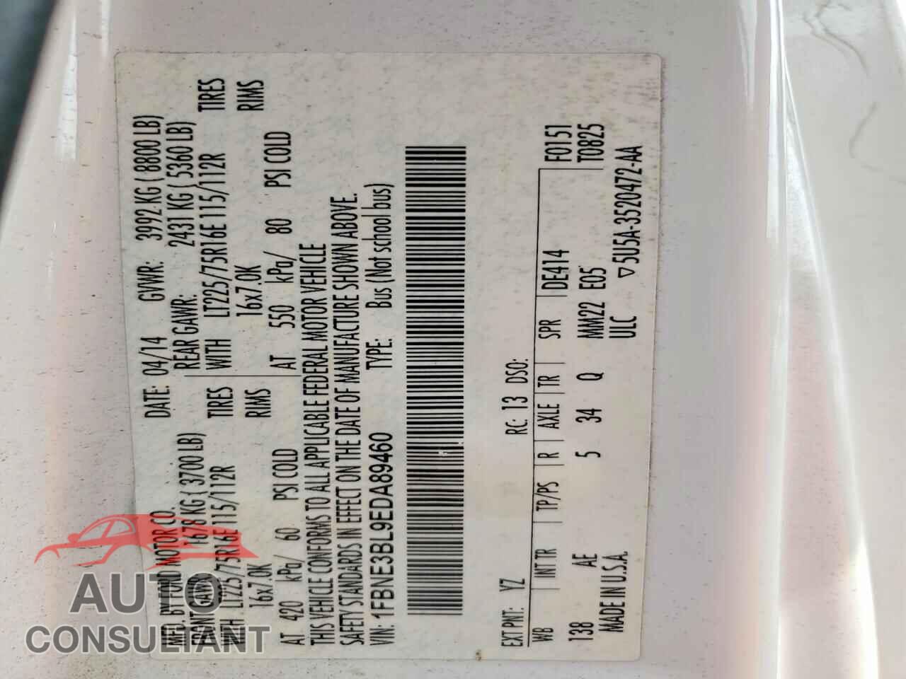 FORD ECONOLINE 2014 - 1FBNE3BL9EDA89460