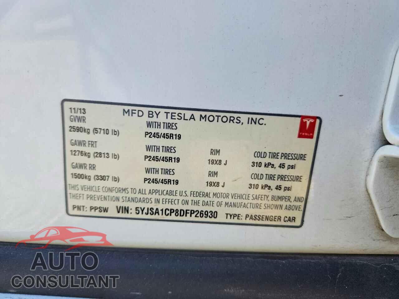 TESLA MODEL S 2013 - 5YJSA1CP8DFP26930