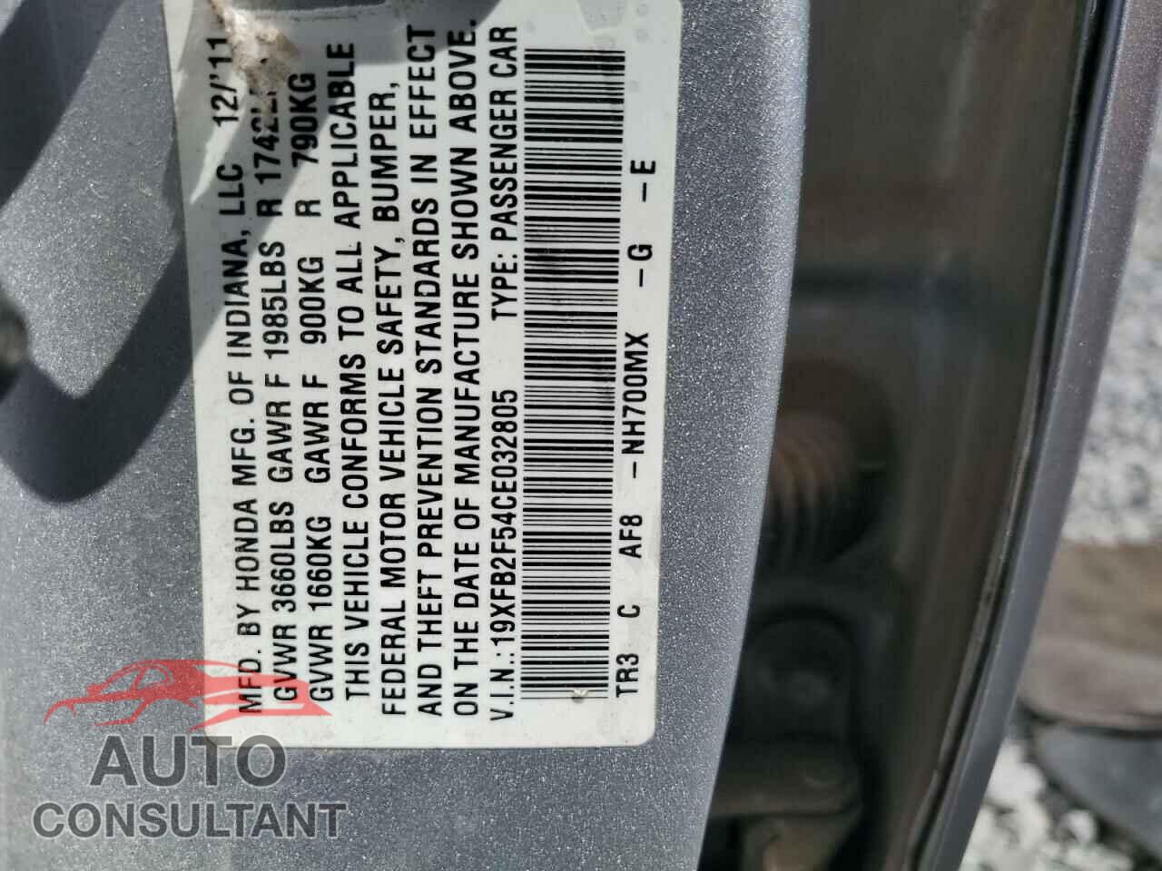 HONDA CIVIC 2012 - 19XFB2F54CE032805