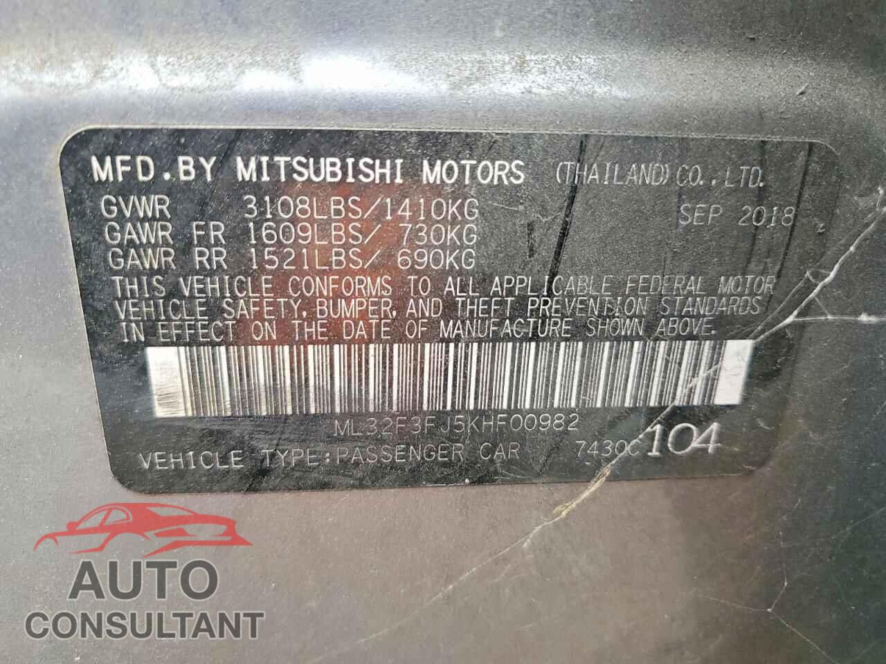 MITSUBISHI MIRAGE 2019 - ML32F3FJ5KHF00982