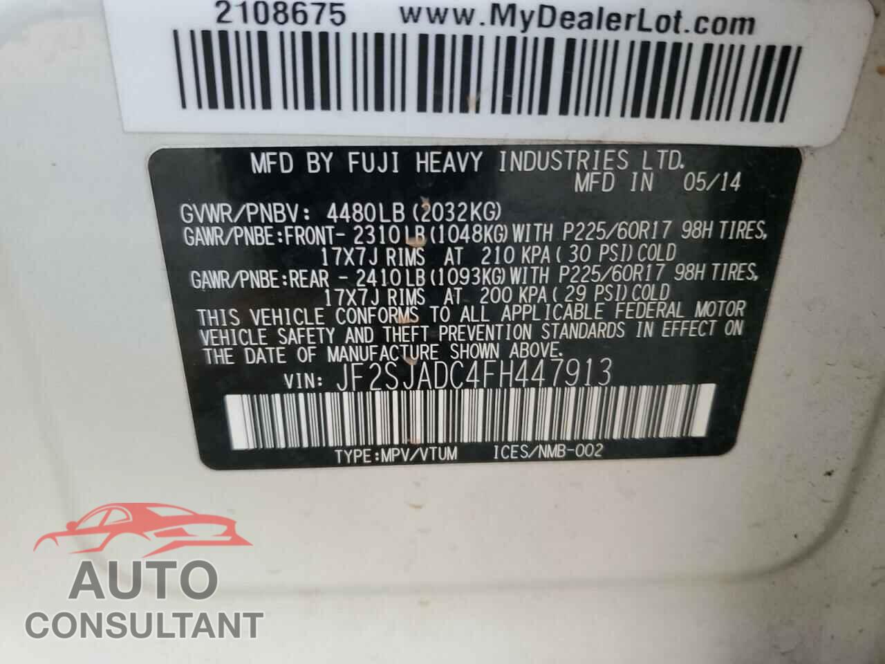 SUBARU FORESTER 2015 - JF2SJADC4FH447913