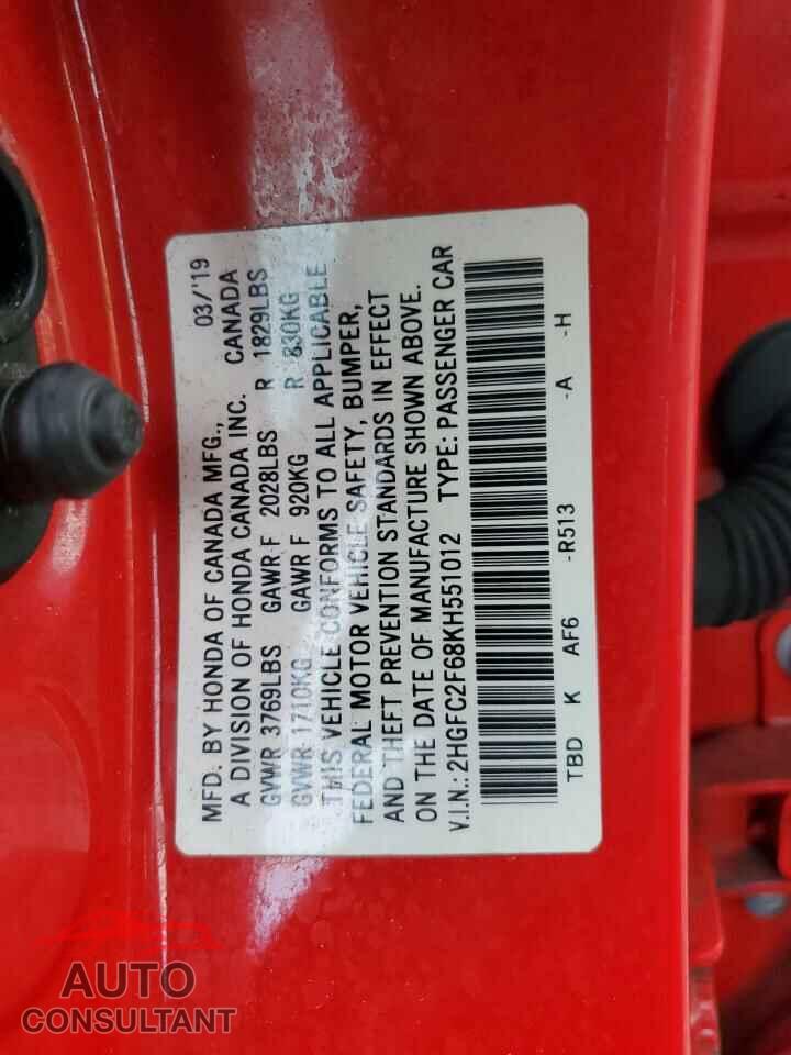 HONDA CIVIC 2019 - 2HGFC2F68KH551012