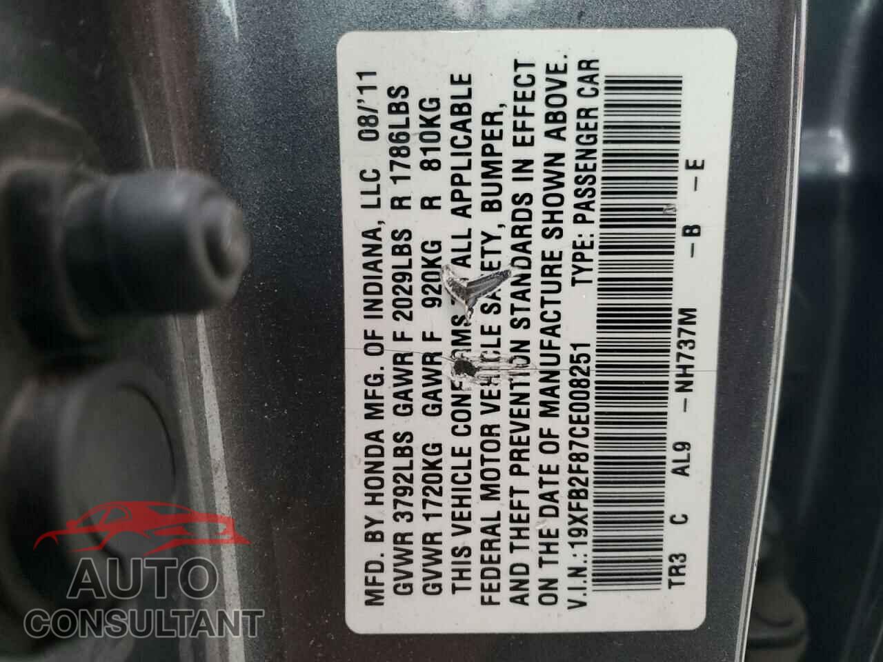 HONDA CIVIC 2012 - 19XFB2F87CE008251