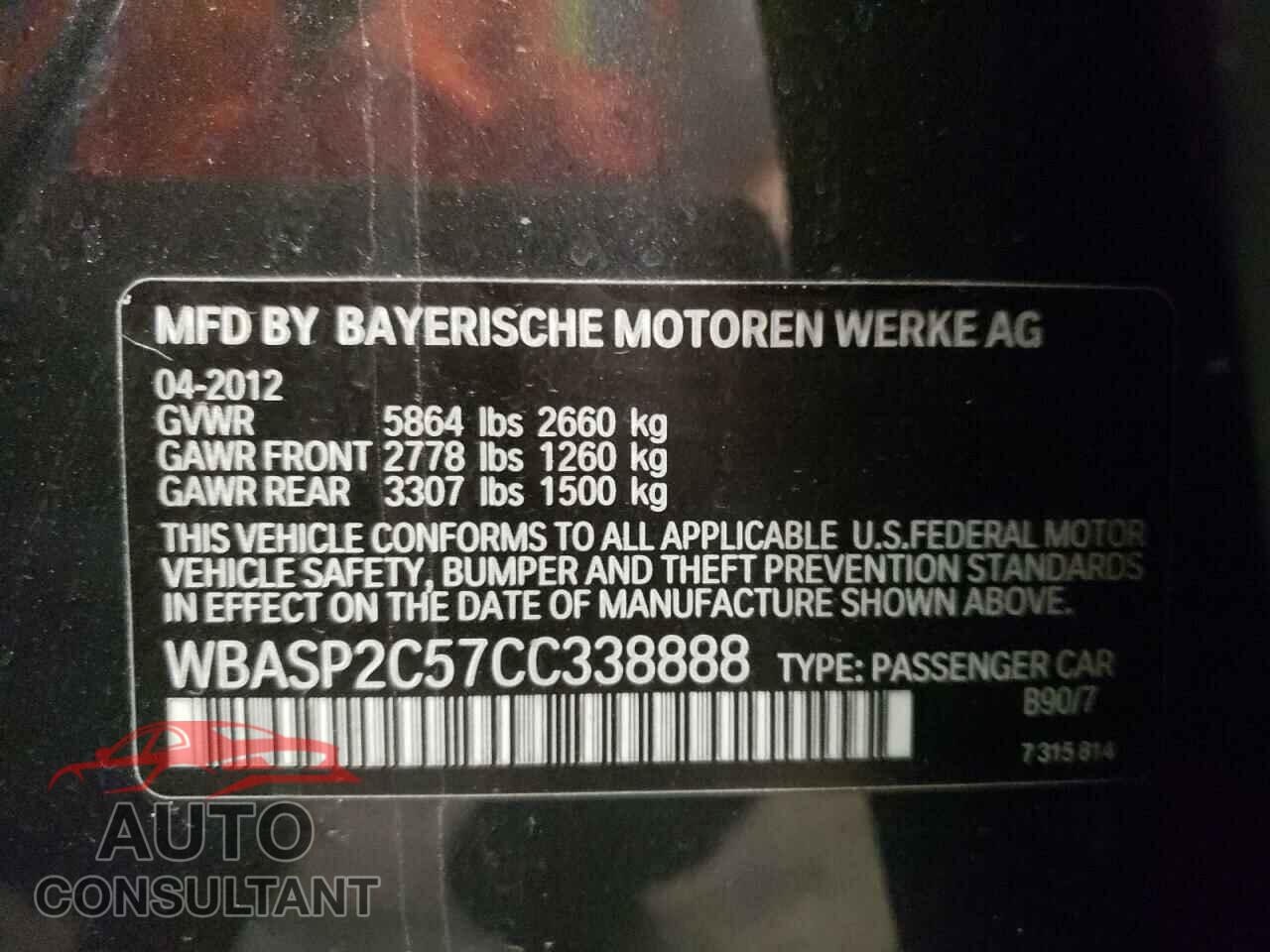 BMW 5 SERIES 2012 - WBASP2C57CC338888