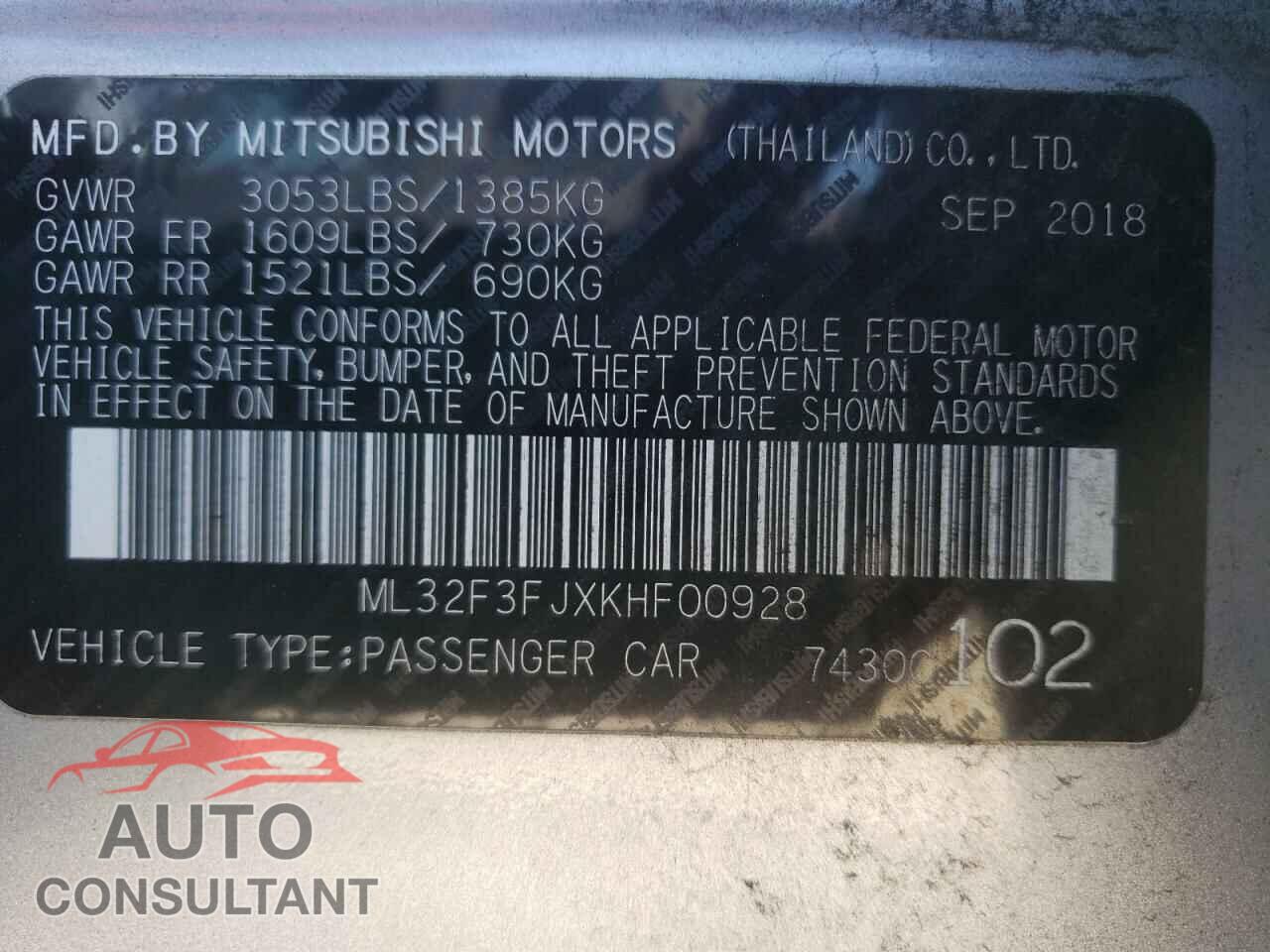 MITSUBISHI MIRAGE 2019 - ML32F3FJXKHF00928
