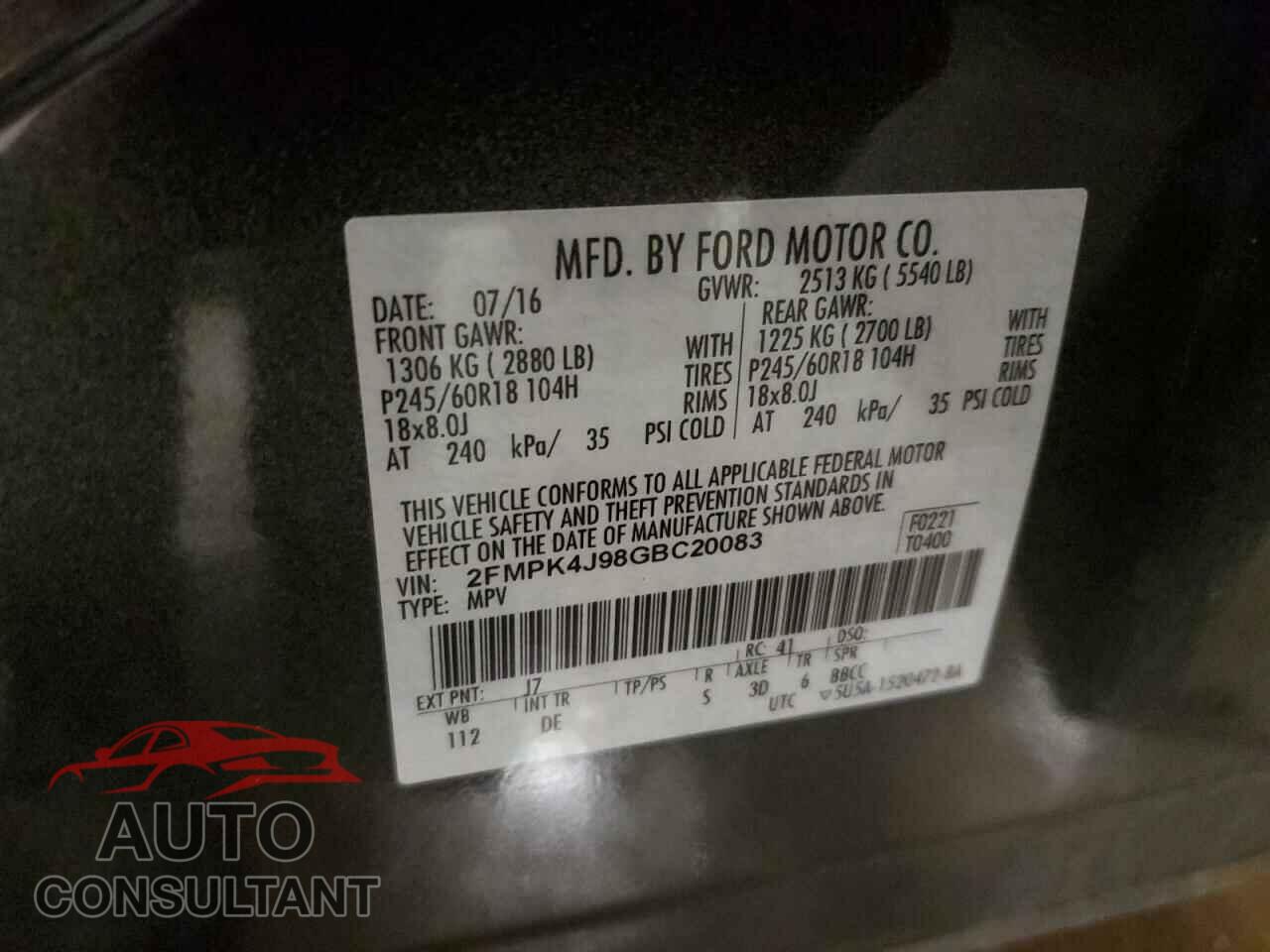 FORD EDGE 2016 - 2FMPK4J98GBC20083