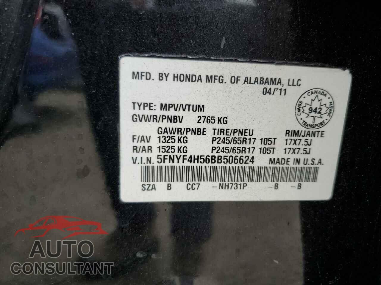 HONDA PILOT 2011 - 5FNYF4H56BB506624