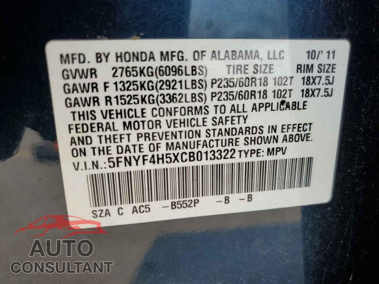 HONDA PILOT 2012 - 5FNYF4H5XCB013322