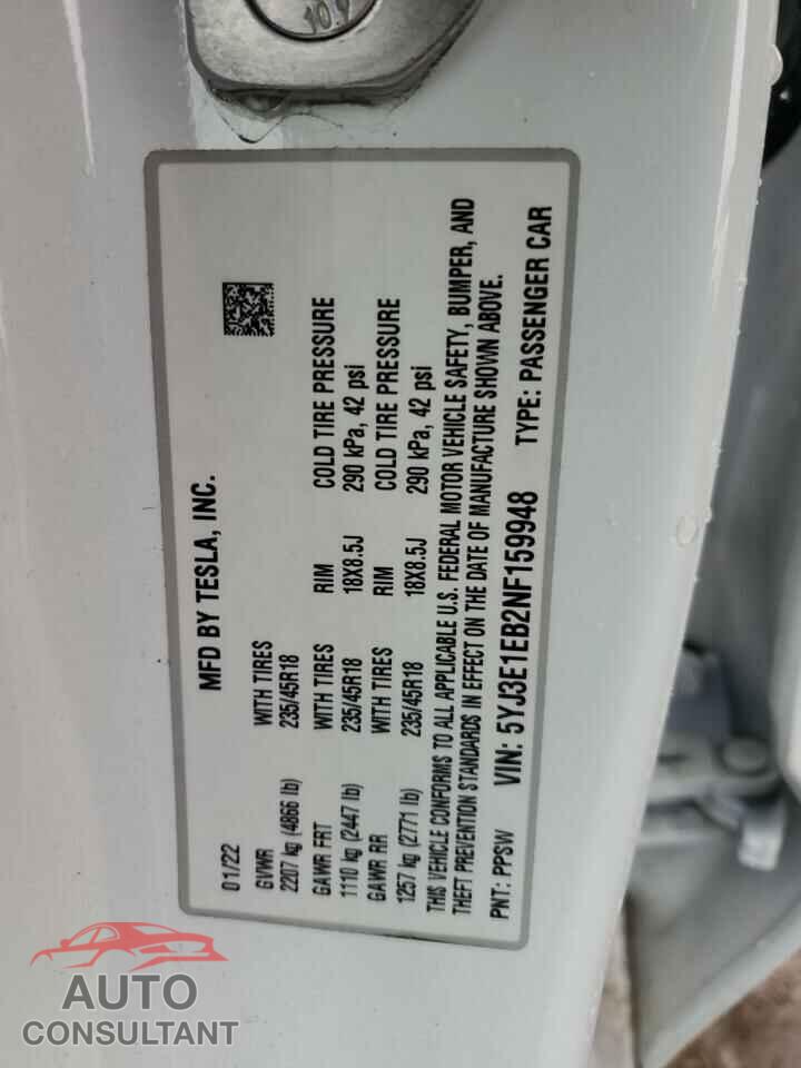 TESLA MODEL 3 2022 - 5YJ3E1EB2NF159948
