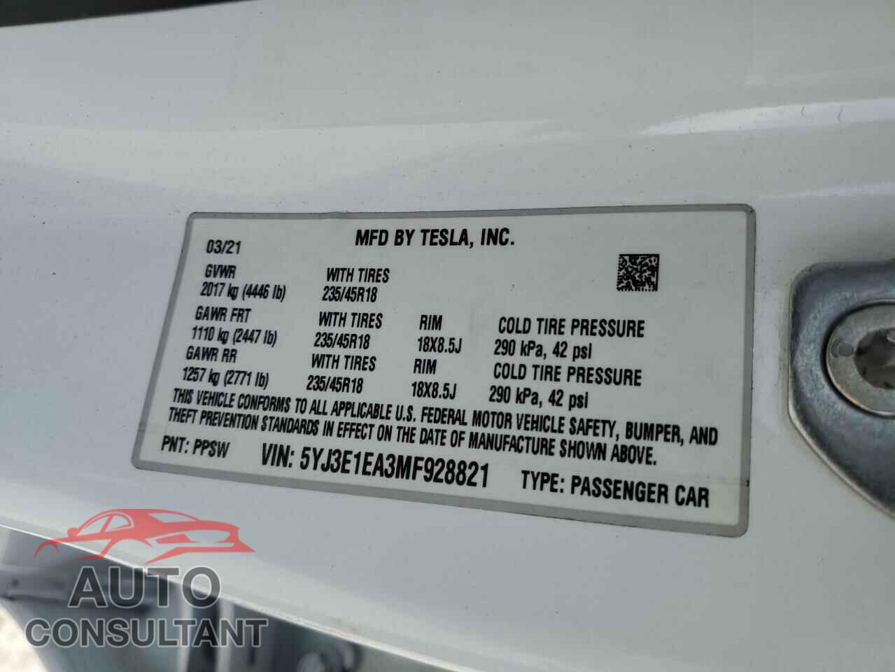 TESLA MODEL 3 2021 - 5YJ3E1EA3MF928821