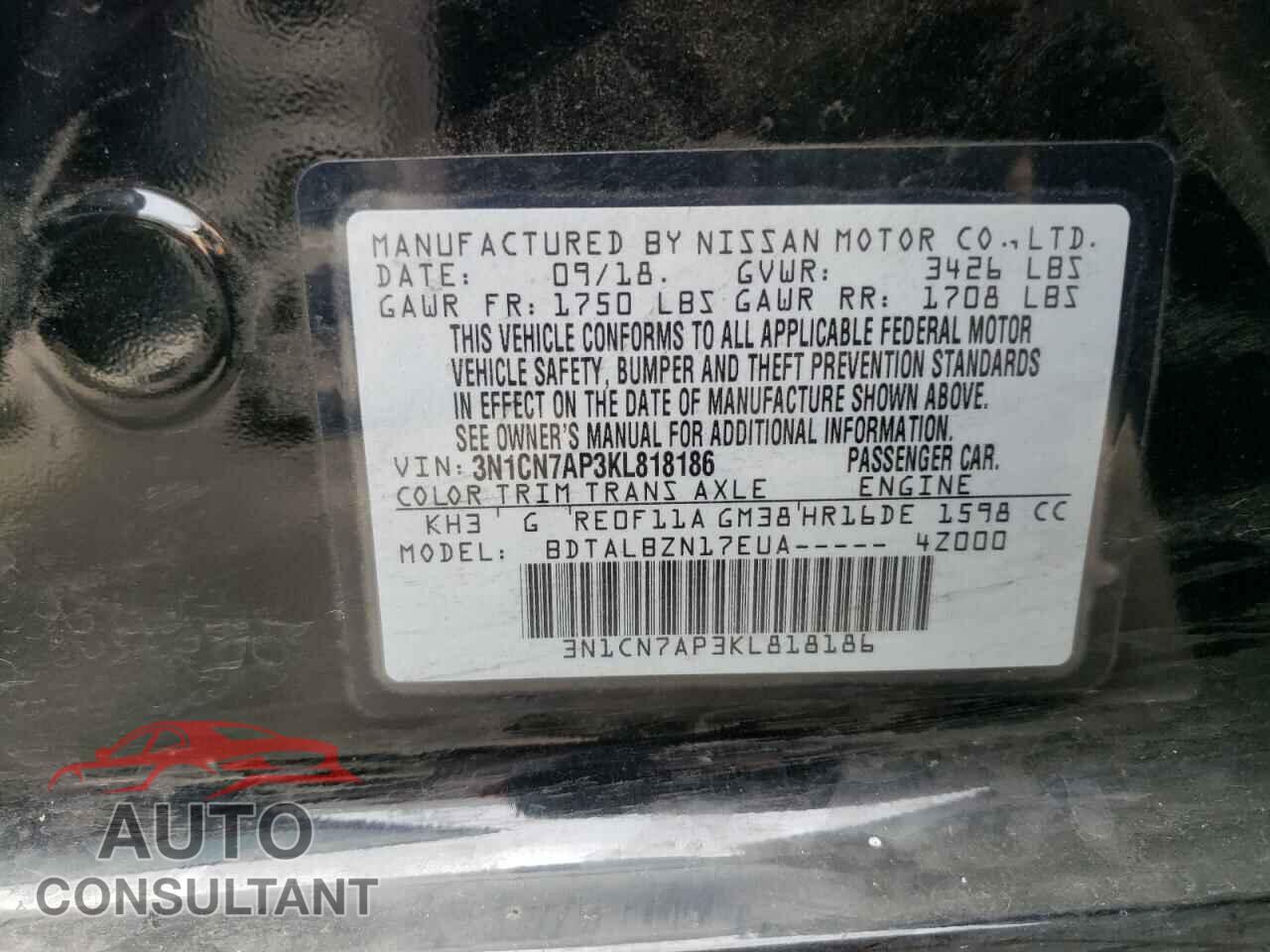 NISSAN VERSA 2019 - 3N1CN7AP3KL818186