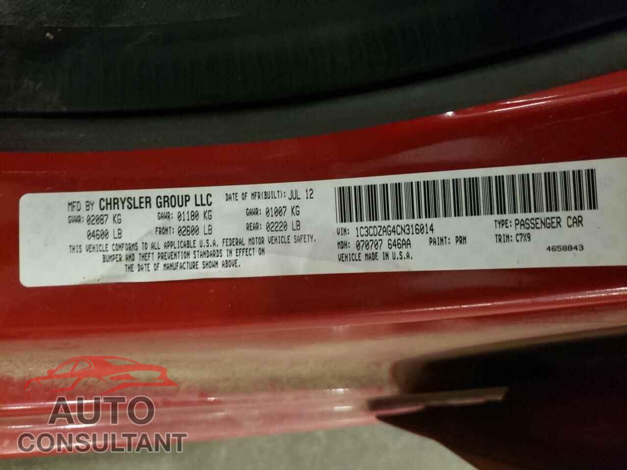 DODGE AVENGER 2012 - 1C3CDZAG4CN316014