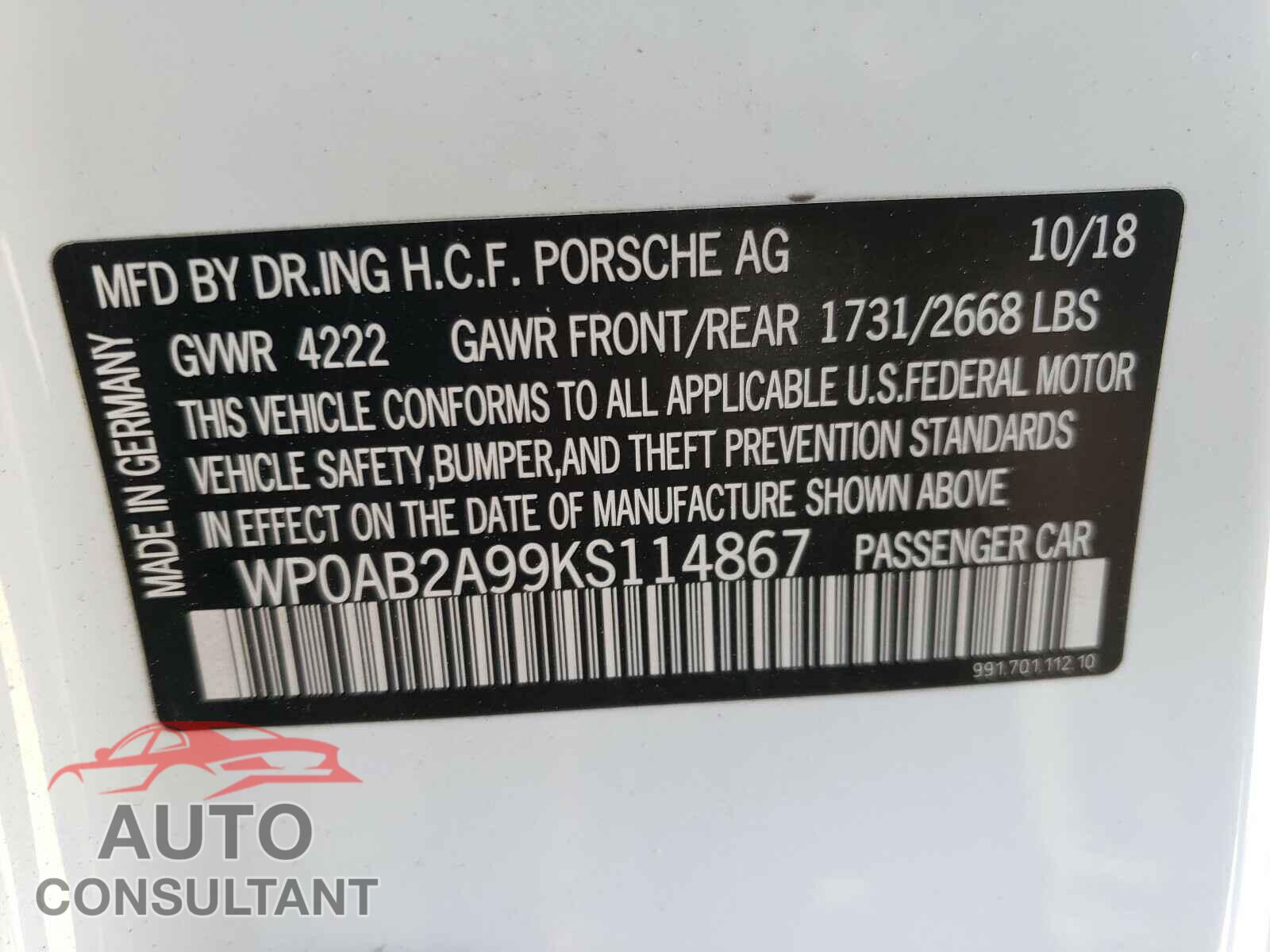 PORSCHE 911 2019 - WP0AB2A99KS114867