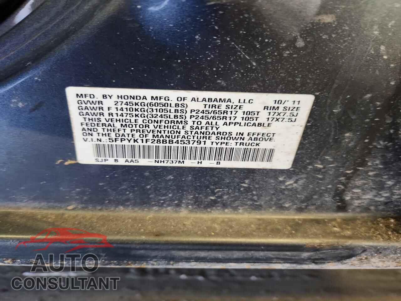 HONDA RIDGELINE 2011 - 5FPYK1F28BB453791