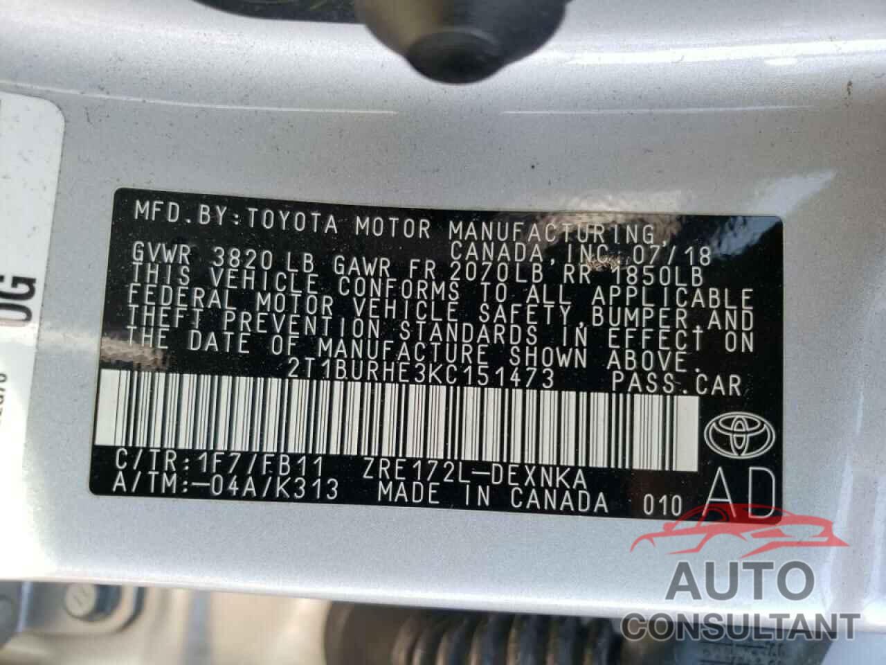 TOYOTA COROLLA 2019 - 2T1BURHE3KC151473