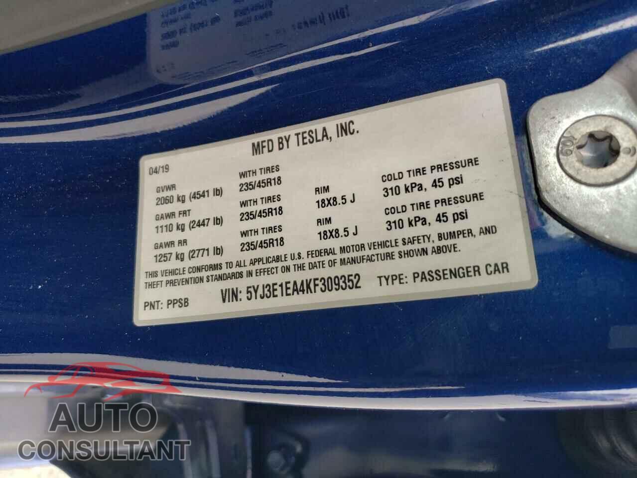 TESLA MODEL 3 2019 - 5YJ3E1EA4KF309352