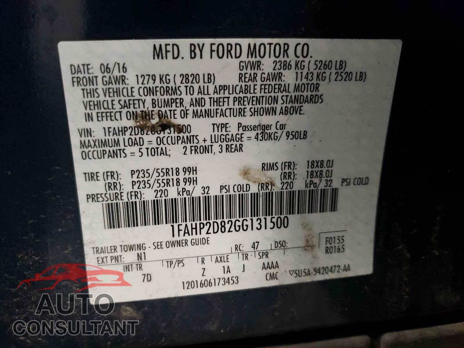 FORD TAURUS 2016 - 1FAHP2D82GG131500