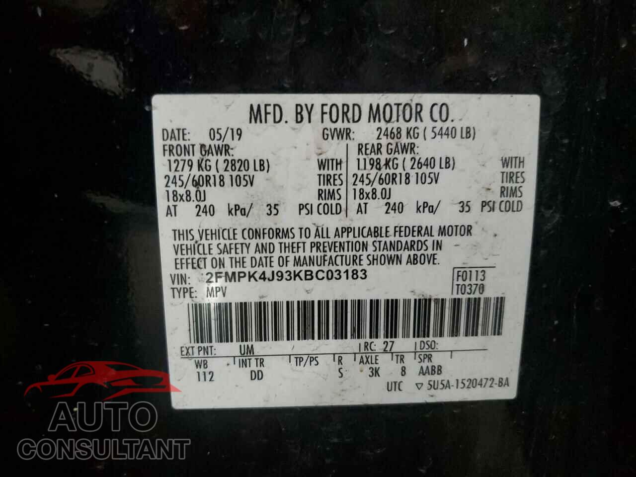 FORD EDGE 2019 - 2FMPK4J93KBC03183