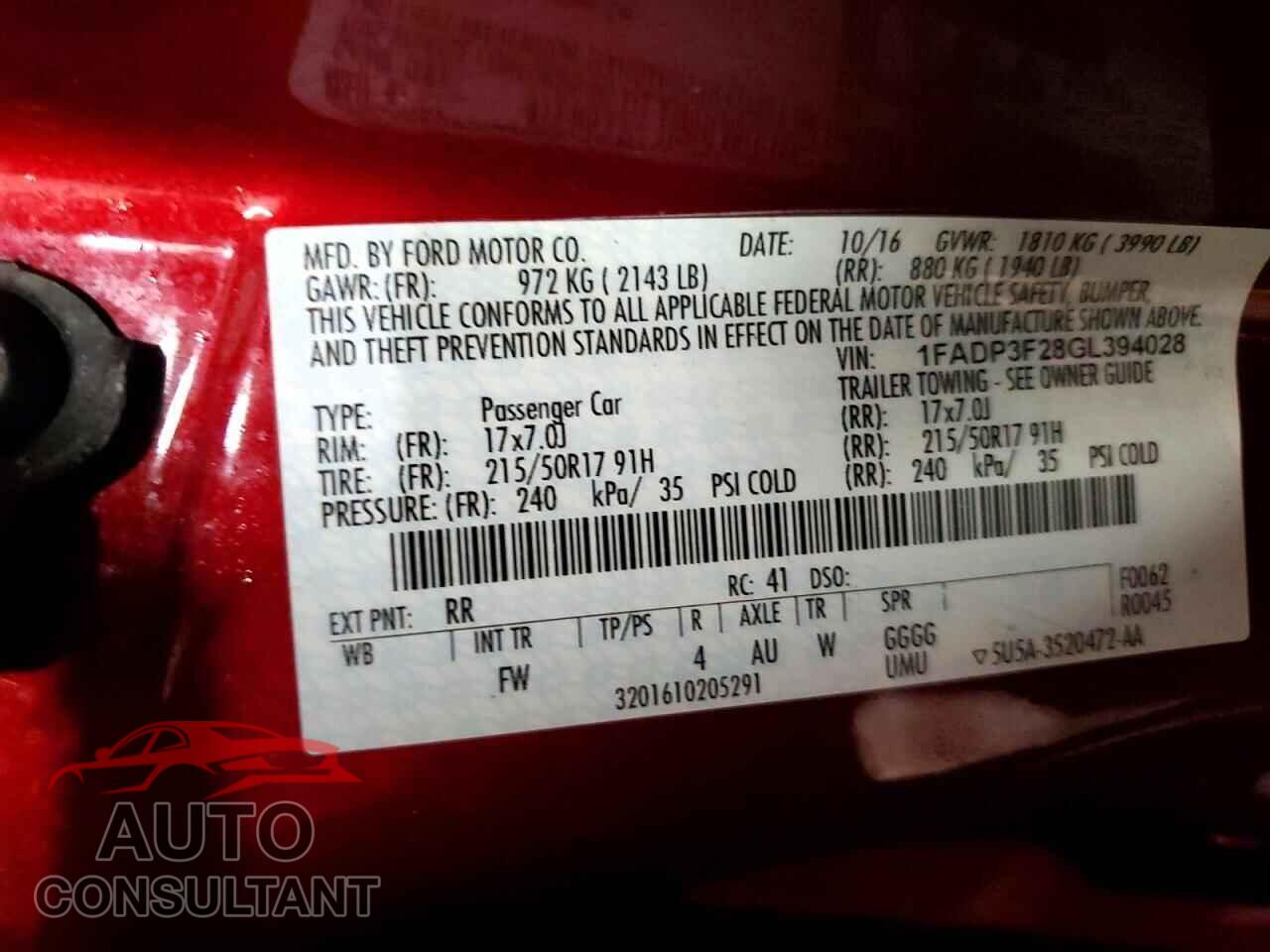 FORD FOCUS 2016 - 1FADP3F28GL394028