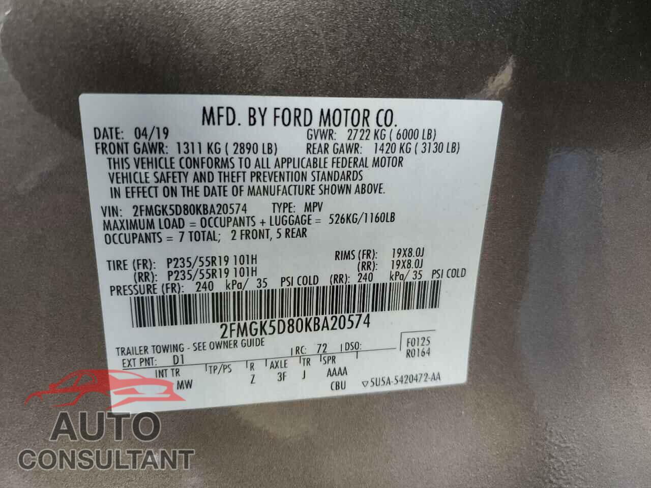 FORD FLEX 2019 - 2FMGK5D80KBA20574