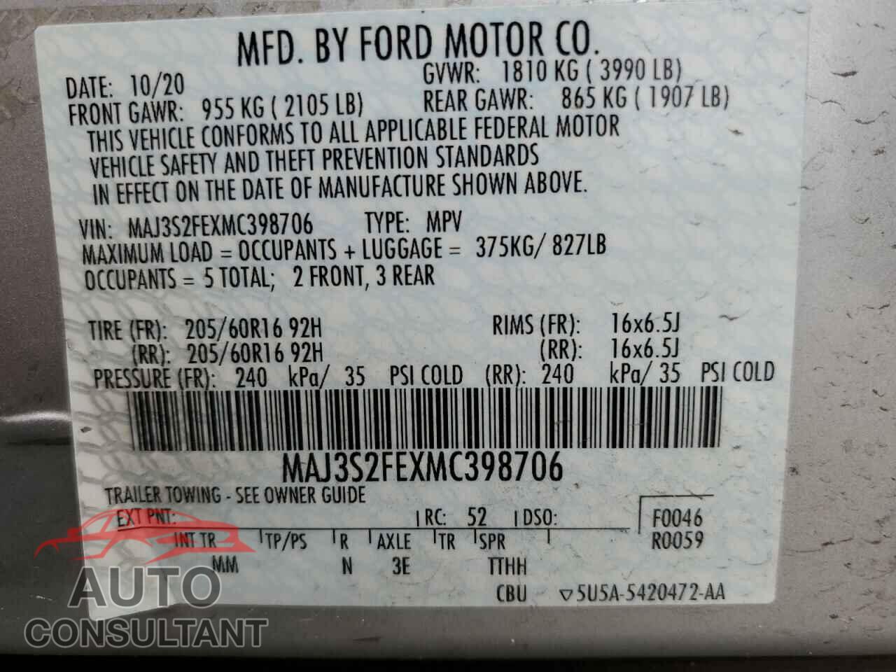 FORD ECOSPORT 2021 - MAJ3S2FEXMC398706