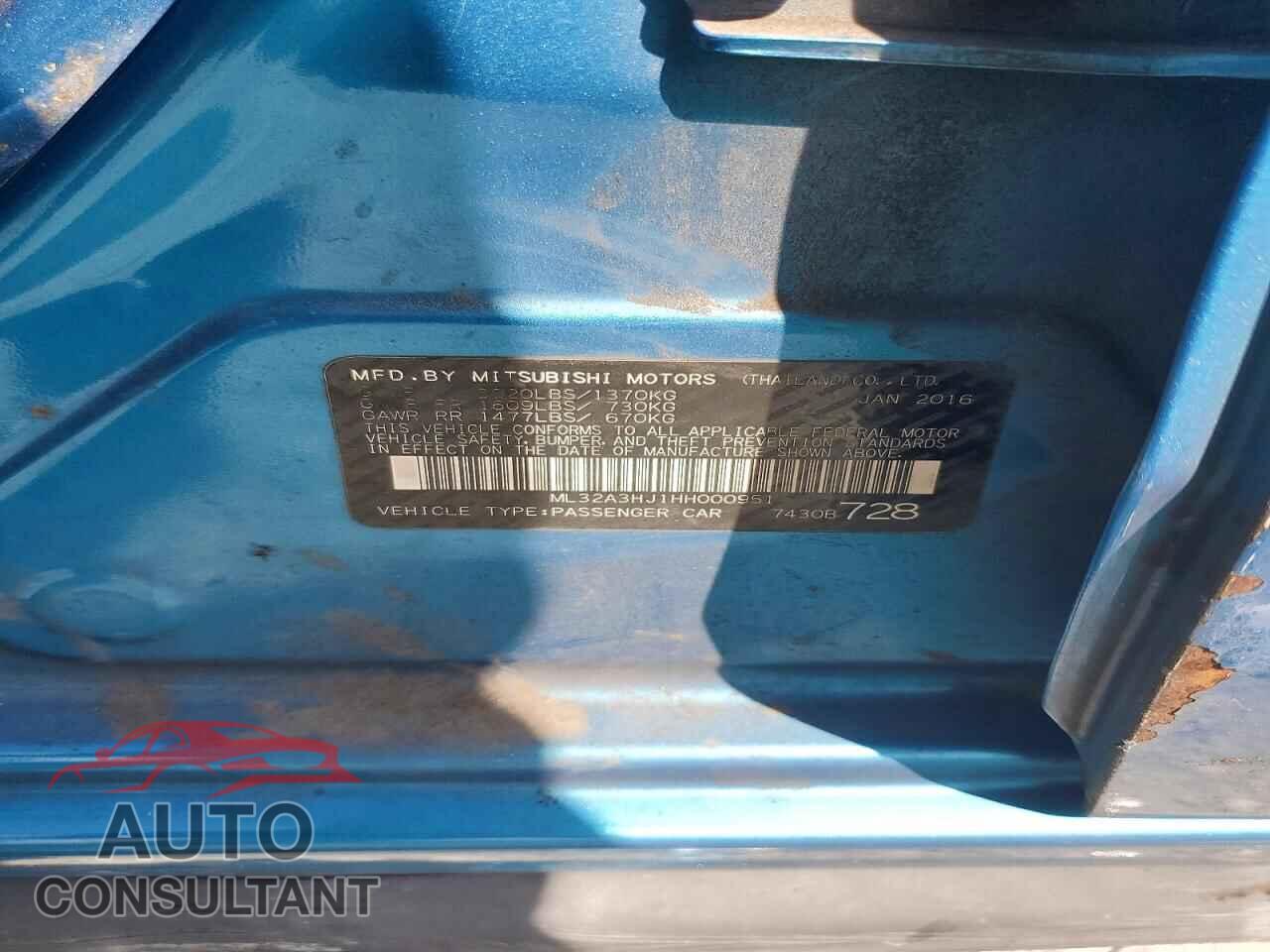 MITSUBISHI MIRAGE 2017 - ML32A3HJ1HH000951