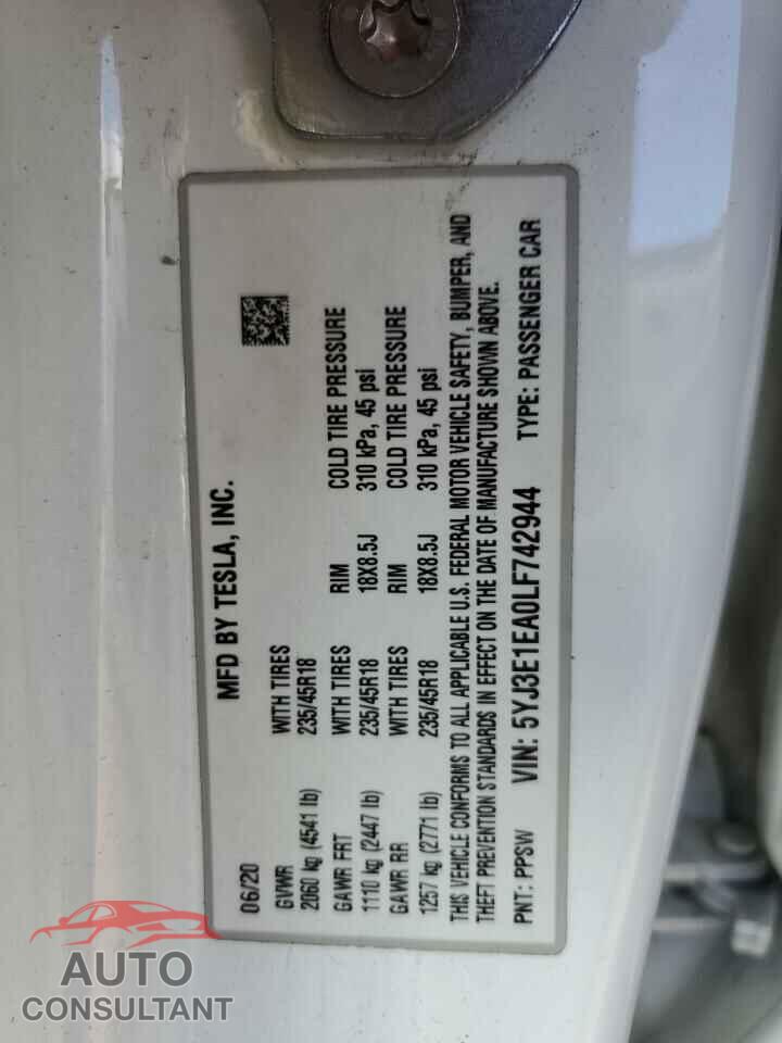 TESLA MODEL 3 2020 - 5YJ3E1EA0LF742944