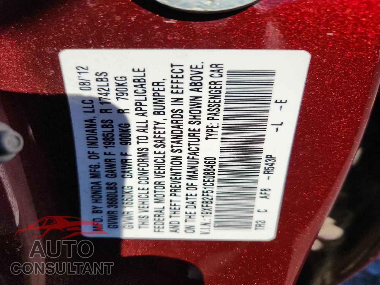 HONDA CIVIC 2012 - 19XFB2F51CE088460