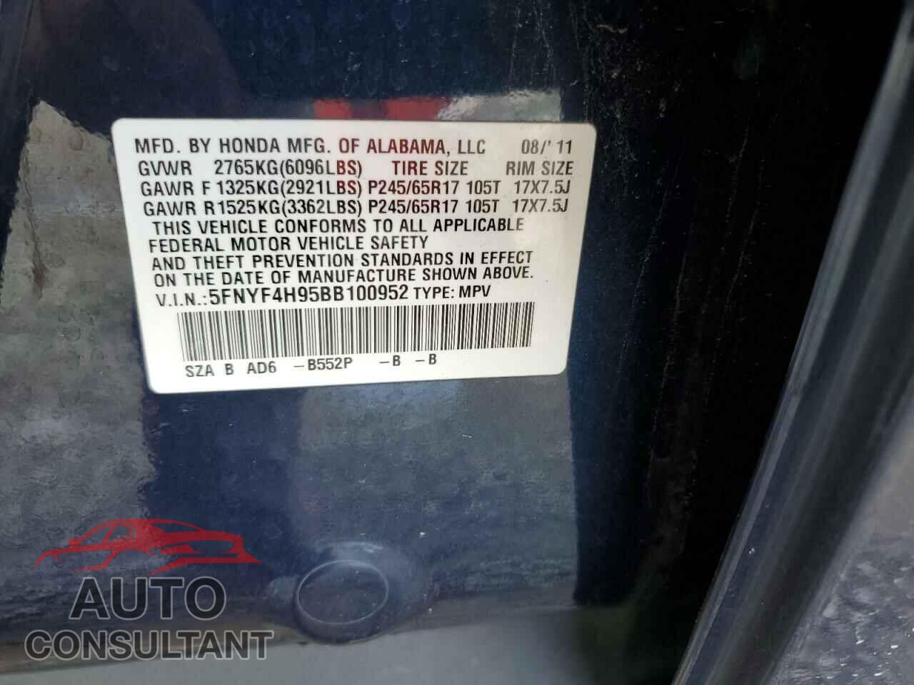 HONDA PILOT 2011 - 5FNYF4H95BB100952