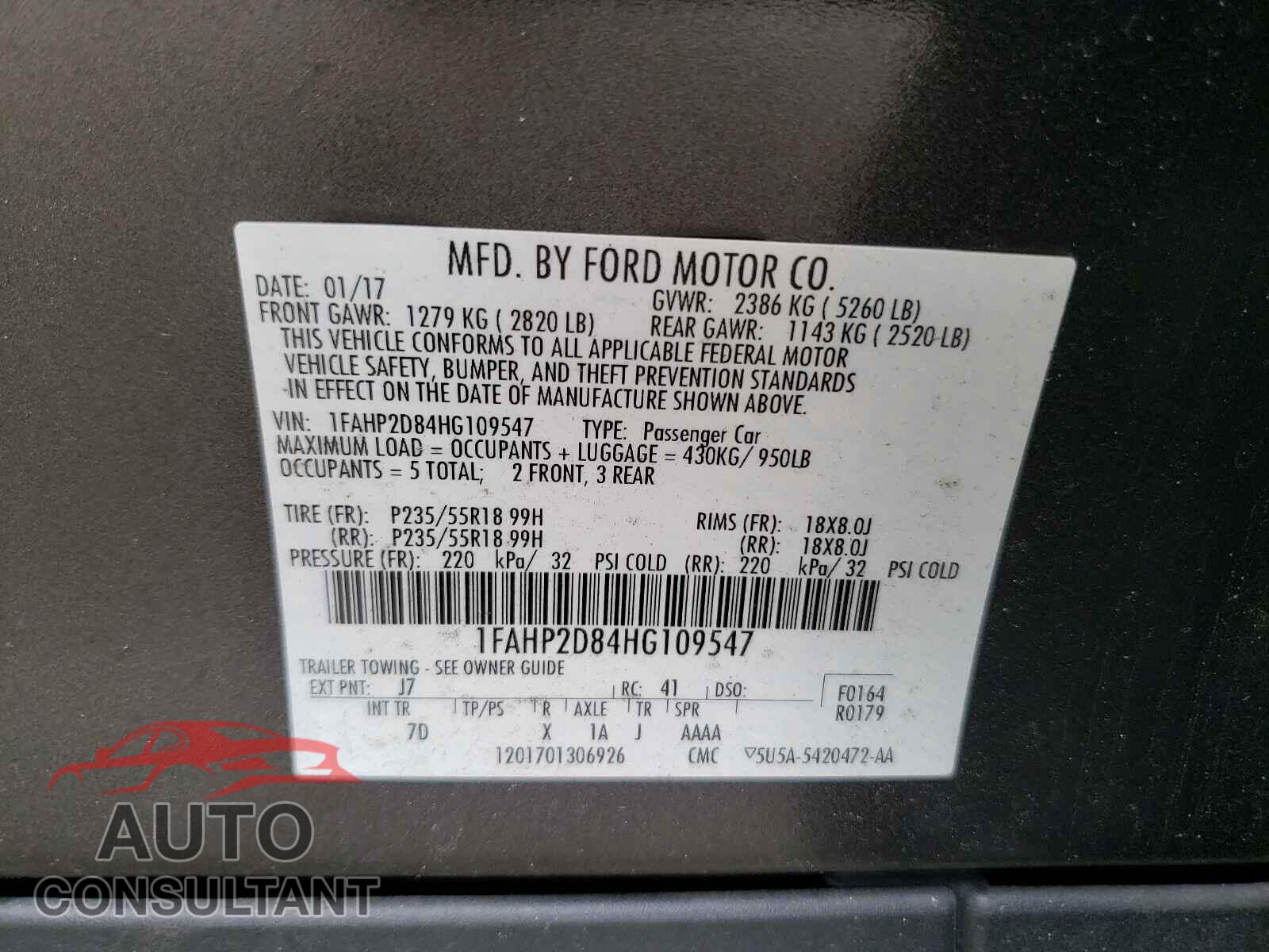 FORD TAURUS 2017 - 1FAHP2D84HG109547