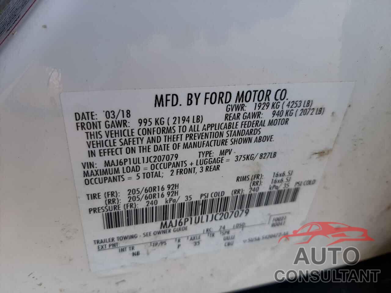 FORD ALL OTHER 2018 - MAJ6P1UL1JC207079