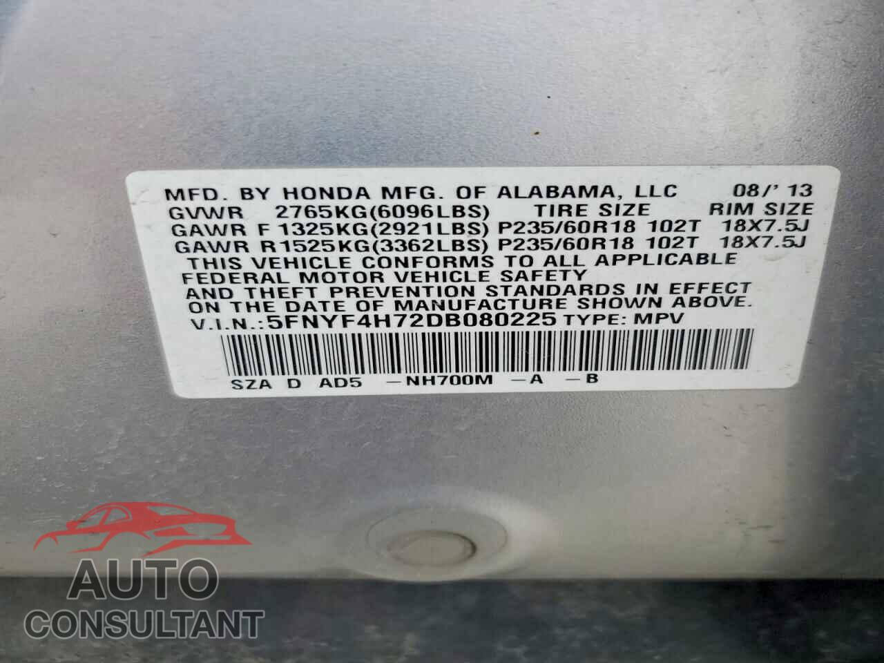 HONDA PILOT 2013 - 5FNYF4H72DB080225