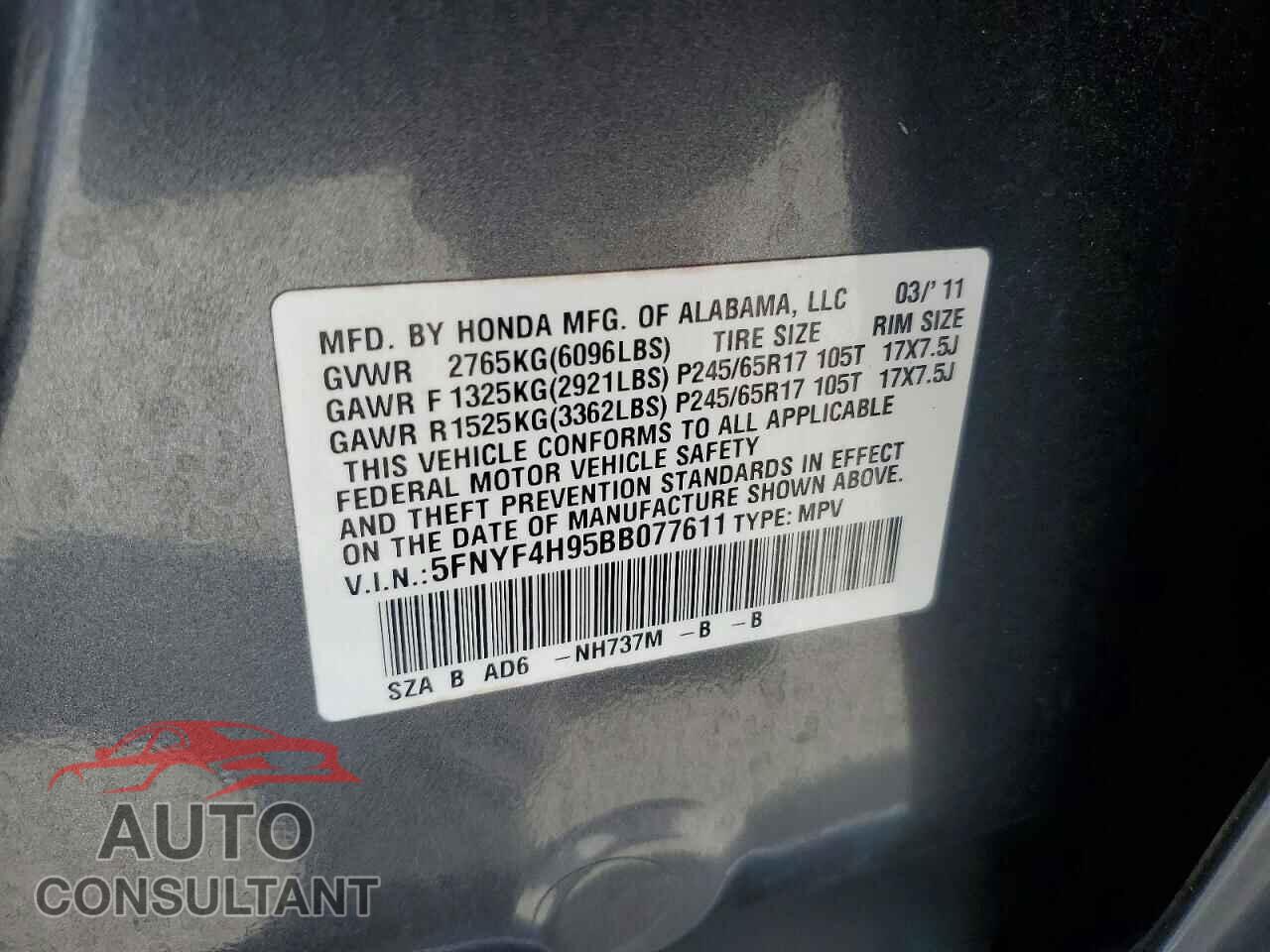 HONDA PILOT 2011 - 5FNYF4H95BB077611