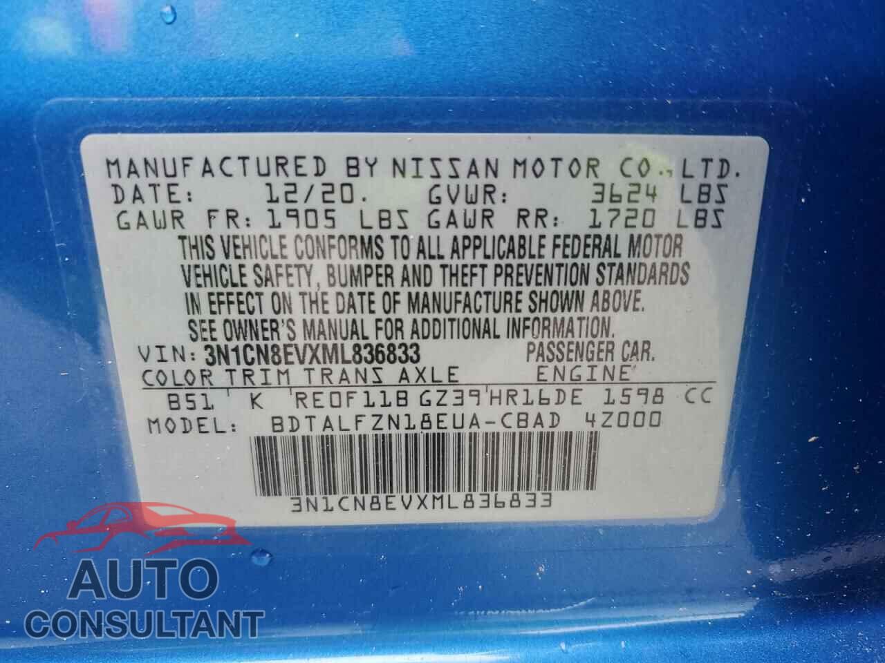 NISSAN VERSA 2021 - 3N1CN8EVXML836833